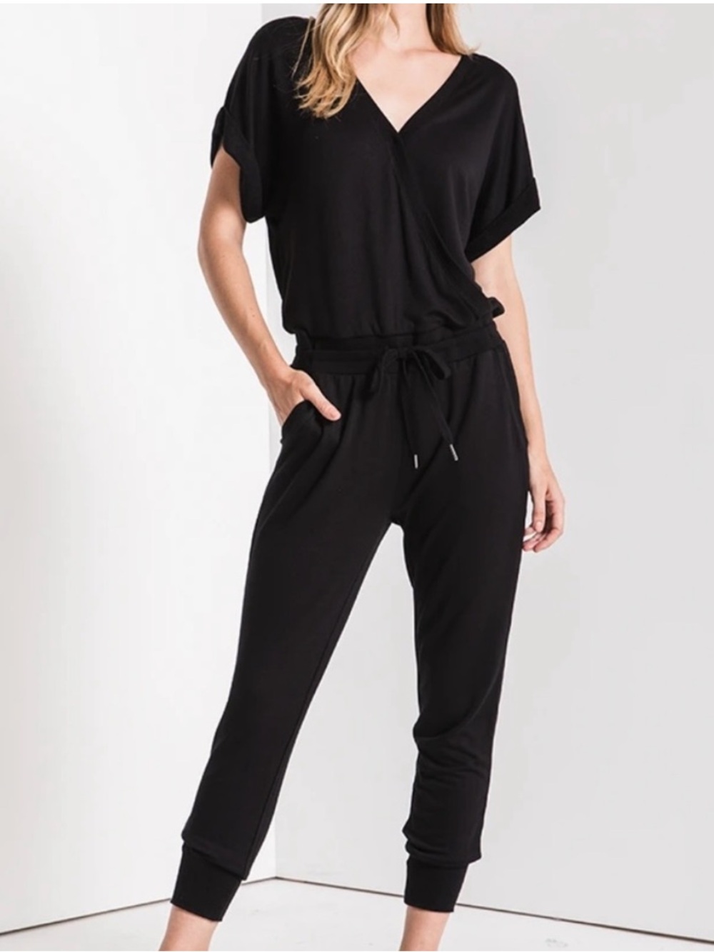 Evereve Z Supply Black Wrap-Front Short Sleeve Jumpsuit Size M